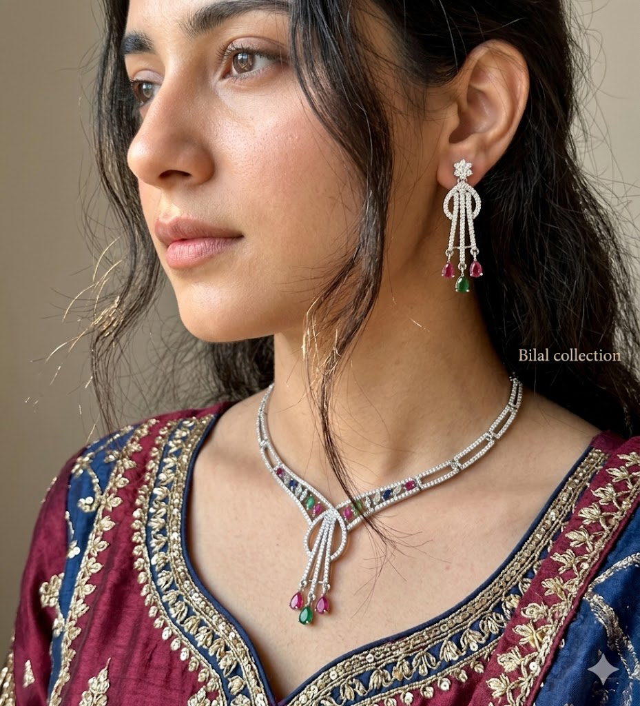 Exquisite Silver American Diamond Necklace Set with Matching Earrings | Bridal & Party Wear Jewelry
