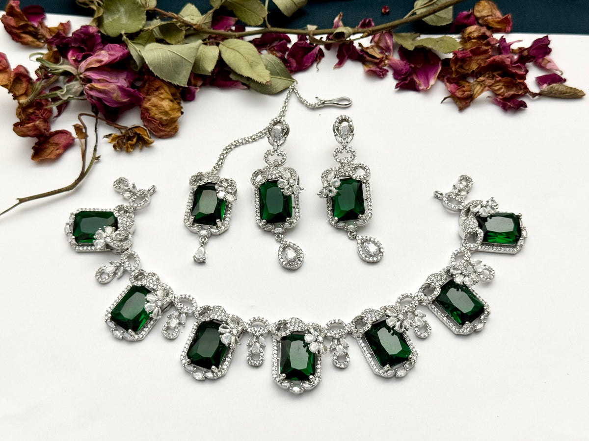 Exquisite Silver American Diamond Necklace Set with Matching Earrings | Bridal & Party Wear Jewelry