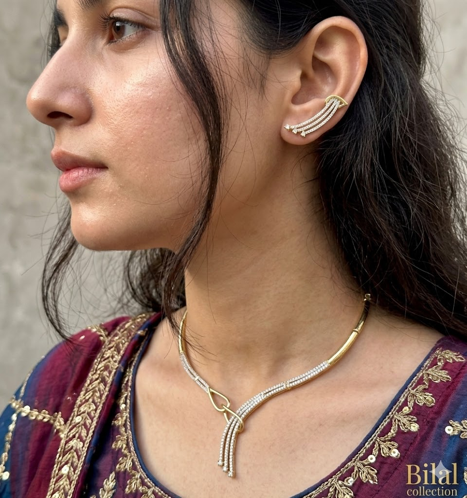 Dual Tone American Diamond Necklace Set | Party Wear Jewelry Online