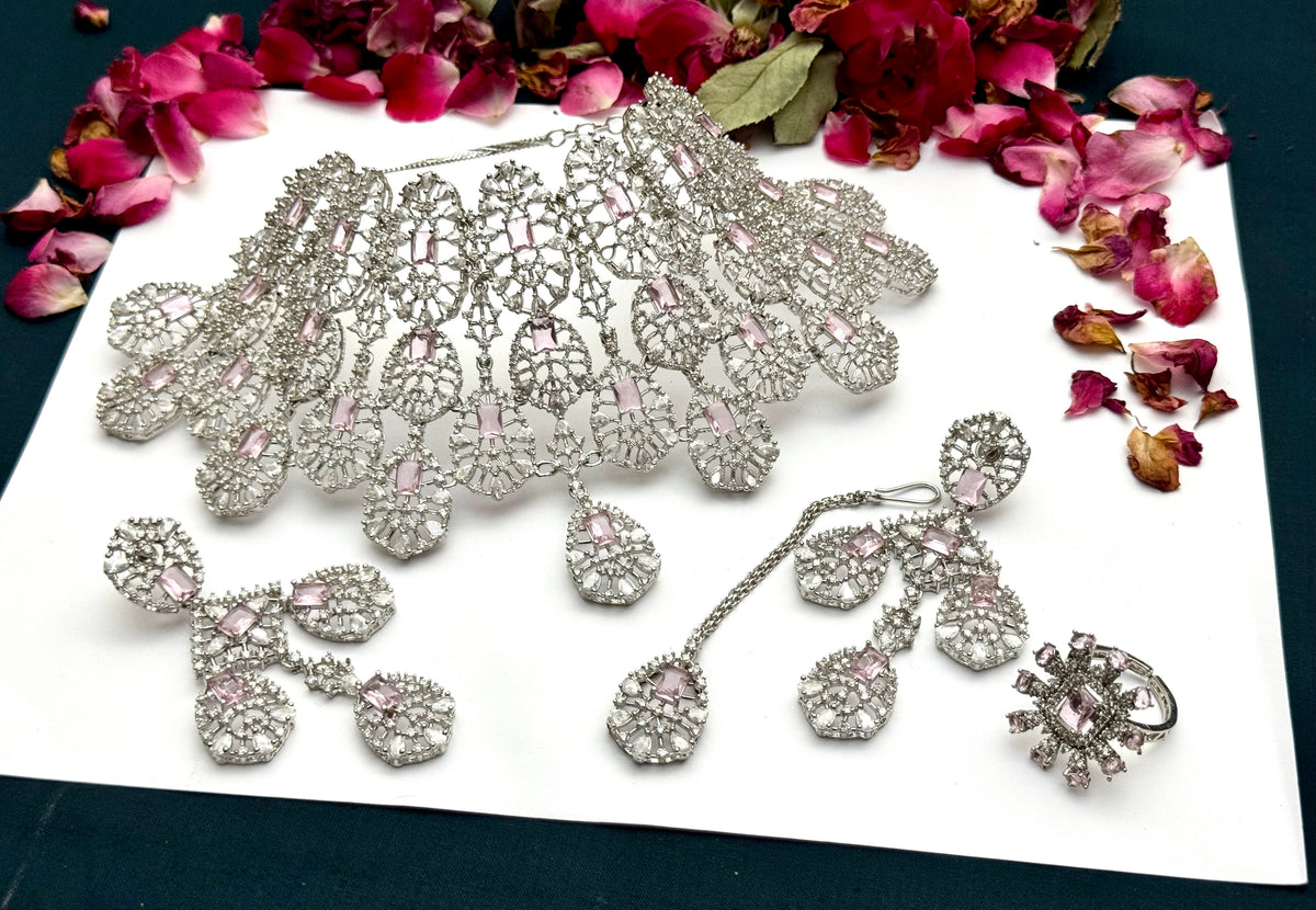 Exquisite Silver American Diamond Choker / Necklace Set with Matching Earrings | Bridal & Party Wear Jewelry