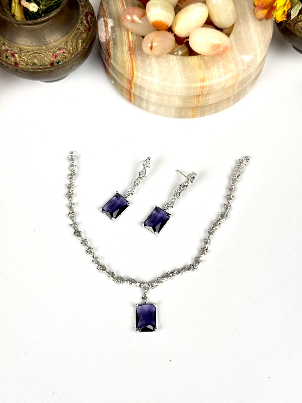 Exquisite Silver American Diamond Necklace Set with Matching Earrings | Bridal & Party Wear Jewelry