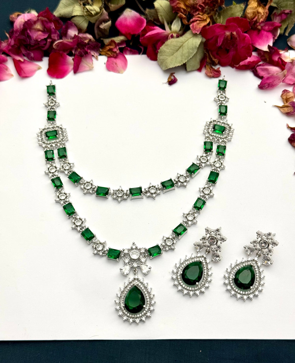Exquisite Silver American Diamond Double Layer Necklace Set with Matching Earrings | Bridal & Party Wear Jewelry