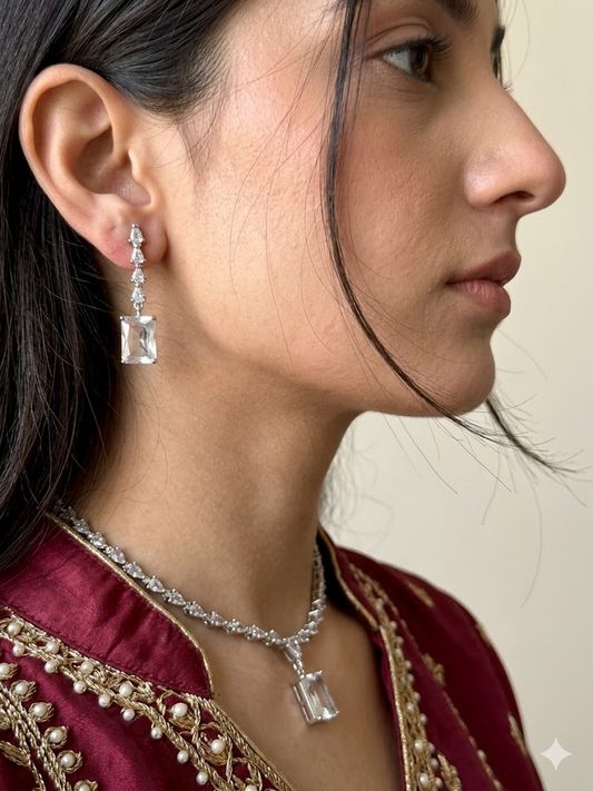 Exquisite Silver American Diamond Necklace Set with Matching Earrings | Bridal & Party Wear Jewelry