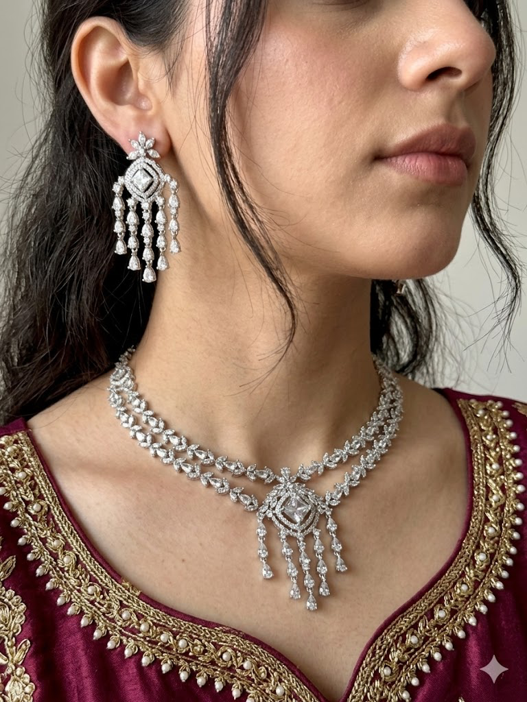 Exquisite Silver American Diamond Double Layer Necklace Set with Matching Earrings | Bridal & Party Wear Jewelry