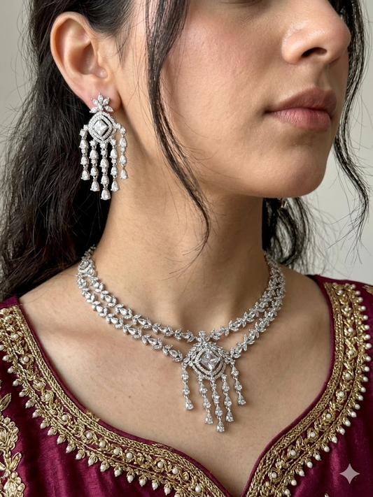 Exquisite Silver American Diamond Double Layer Necklace Set with Matching Earrings | Bridal & Party Wear Jewelry