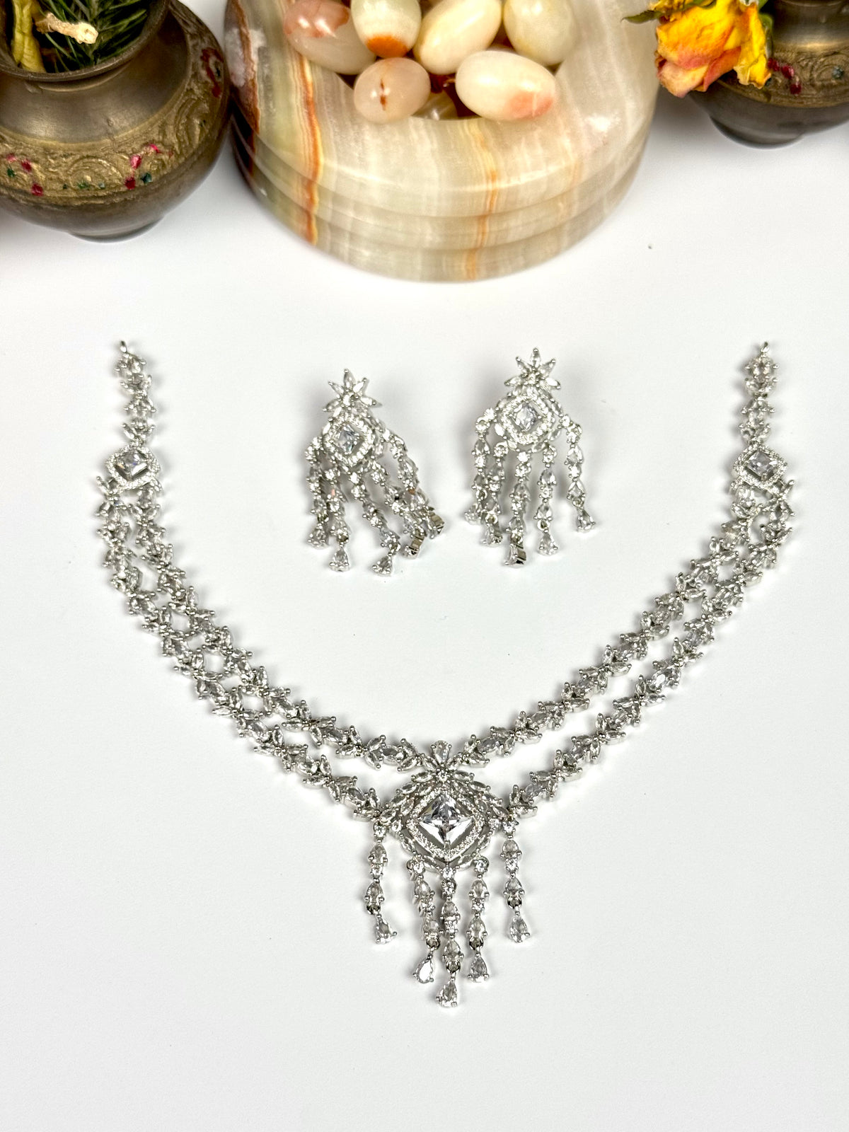 Exquisite Silver American Diamond Double Layer Necklace Set with Matching Earrings | Bridal & Party Wear Jewelry