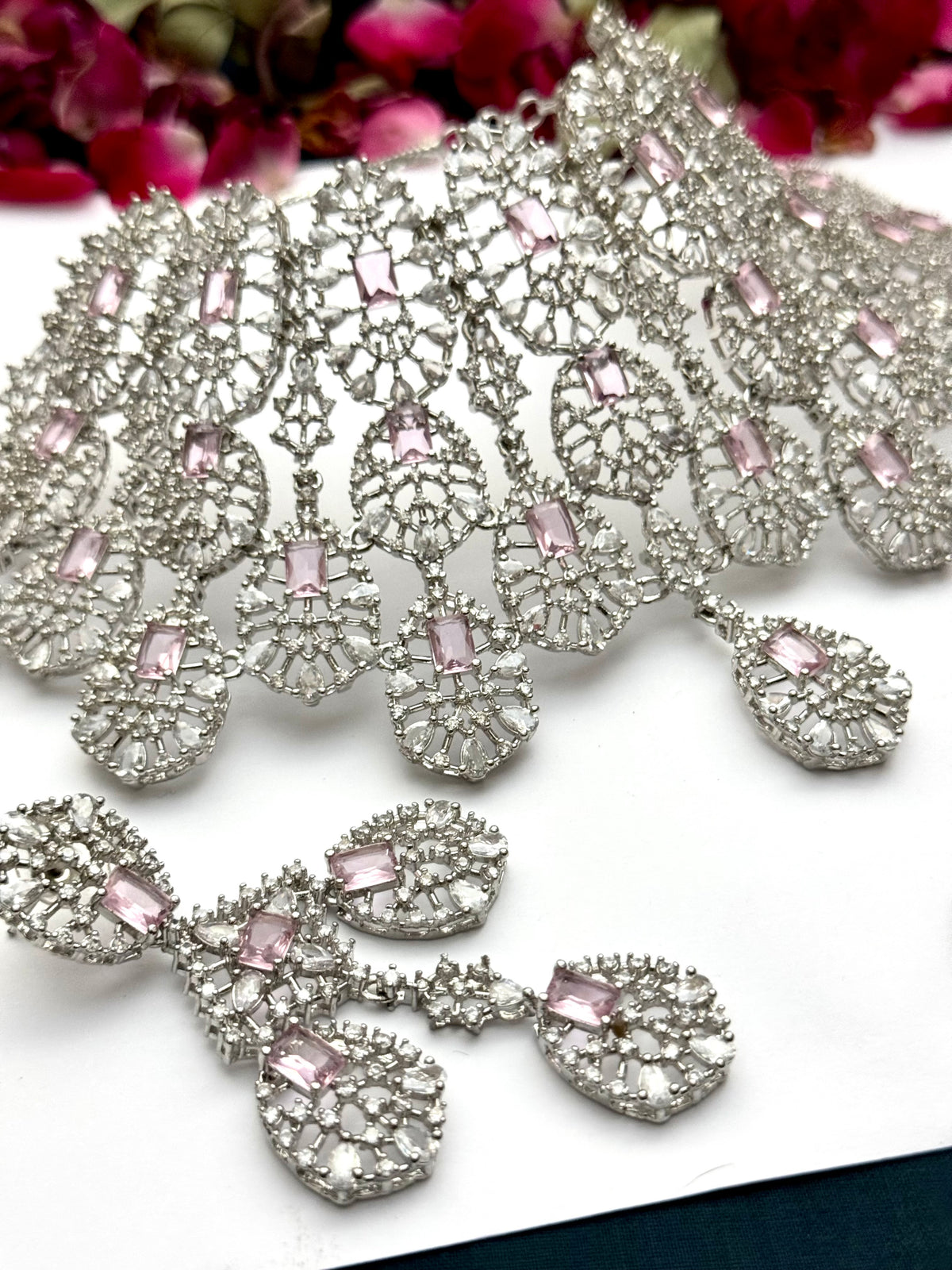 Exquisite Silver American Diamond Choker / Necklace Set with Matching Earrings | Bridal & Party Wear Jewelry