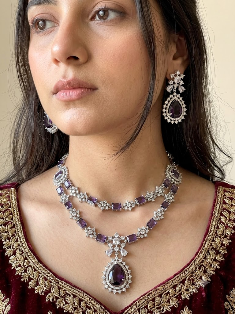 Exquisite Silver American Diamond Double Layer Necklace Set with Matching Earrings | Bridal & Party Wear Jewelry