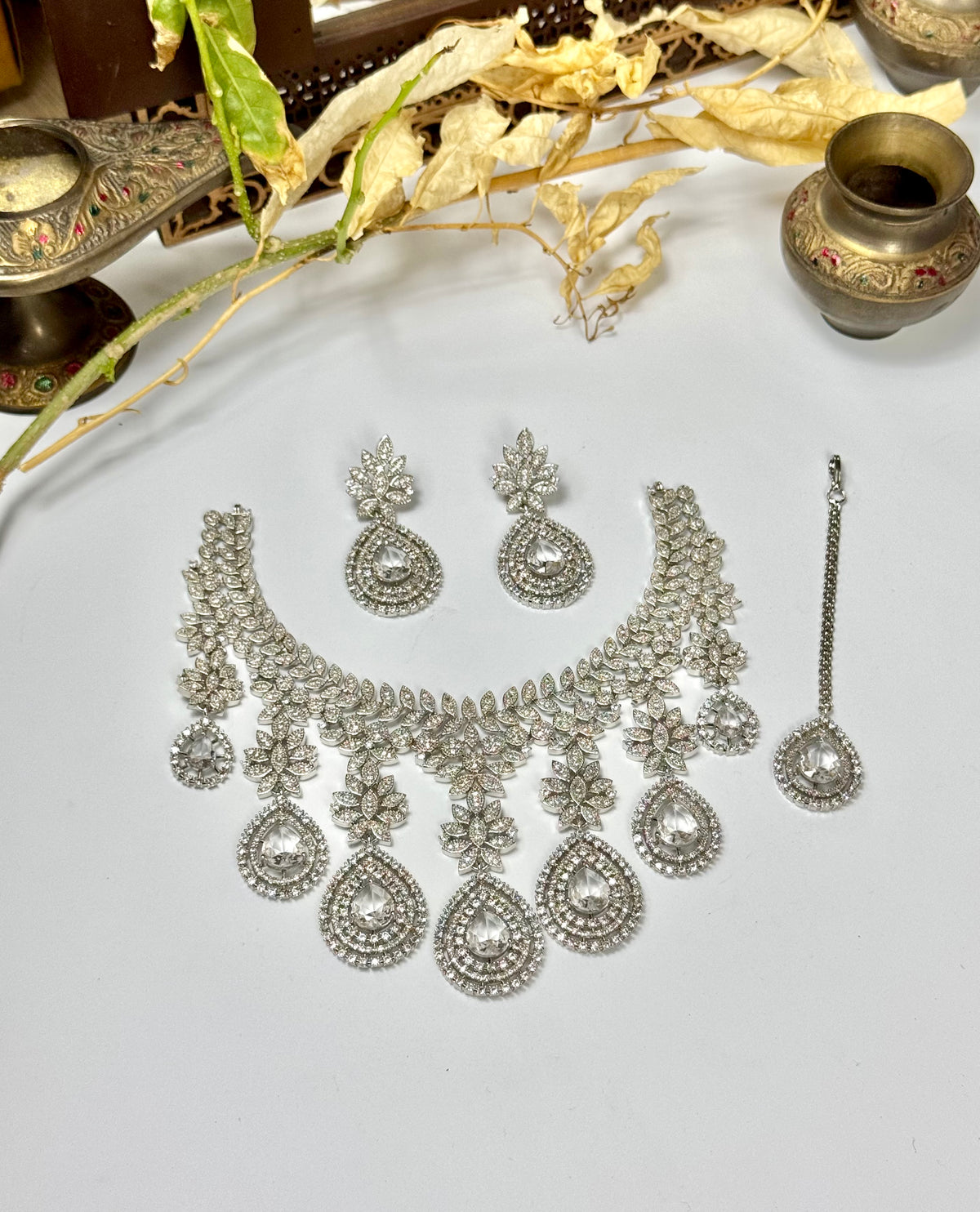 Exquisite Silver American Diamond Aiza Necklace Set with Matching Earrings | Bridal & Party Wear Jewelry
