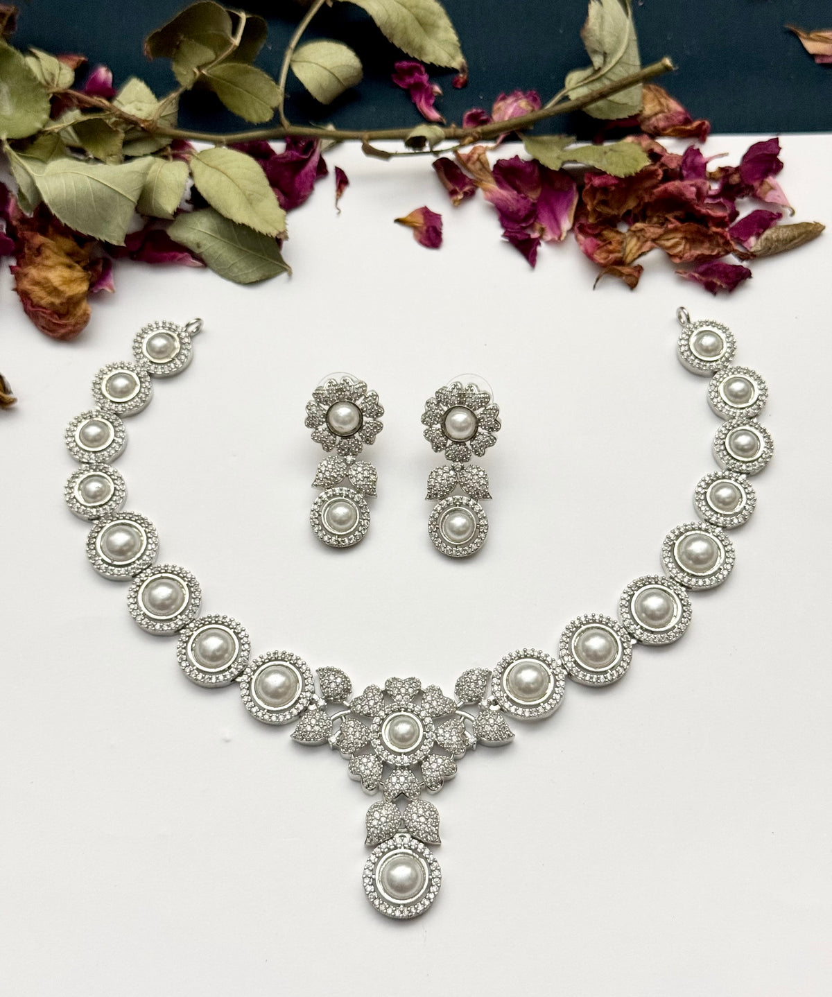 Exquisite Silver American Diamond Pearl Necklace Set with Matching Earrings | Bridal & Party Wear Jewelry