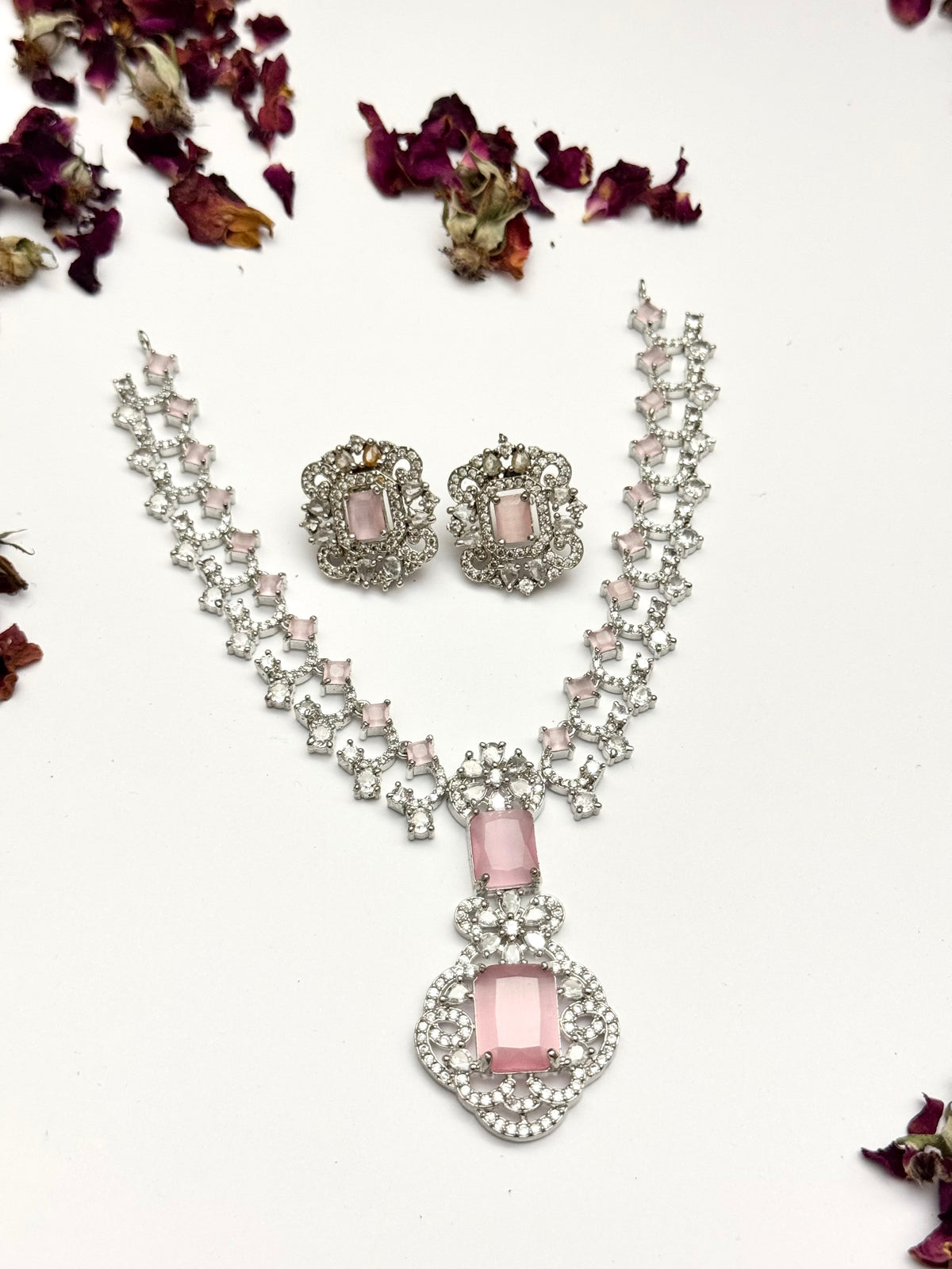Exquisite Silver American Diamond Necklace Set with Matching Earrings | Bridal & Party Wear Jewelry