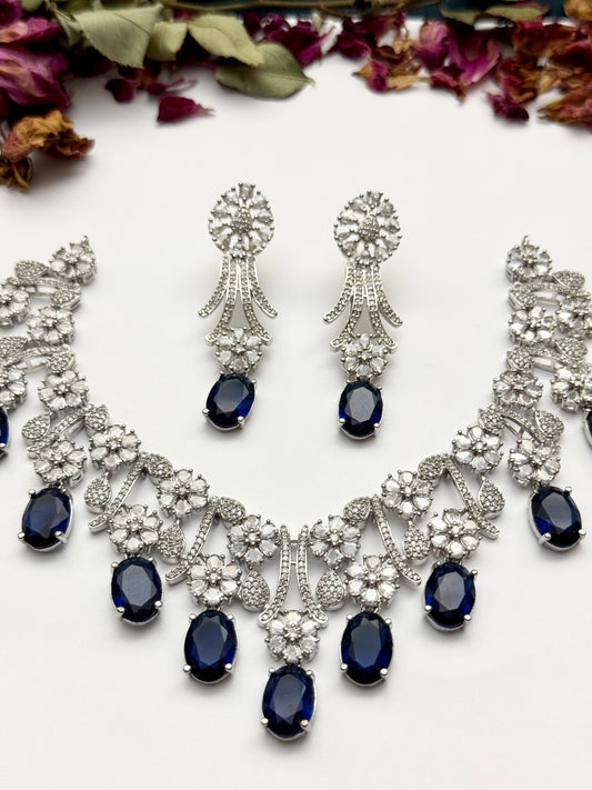 Exquisite Silver American Diamond Necklace Set with Matching Earrings | Bridal & Party Wear Jewelry