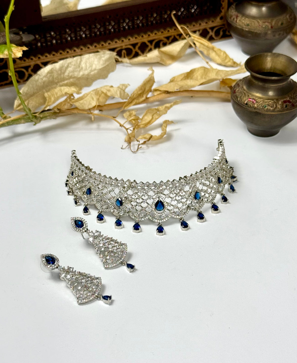 Exquisite Silver American Diamond Choker Set with Matching Earrings | Bridal & Party Wear Jewelry