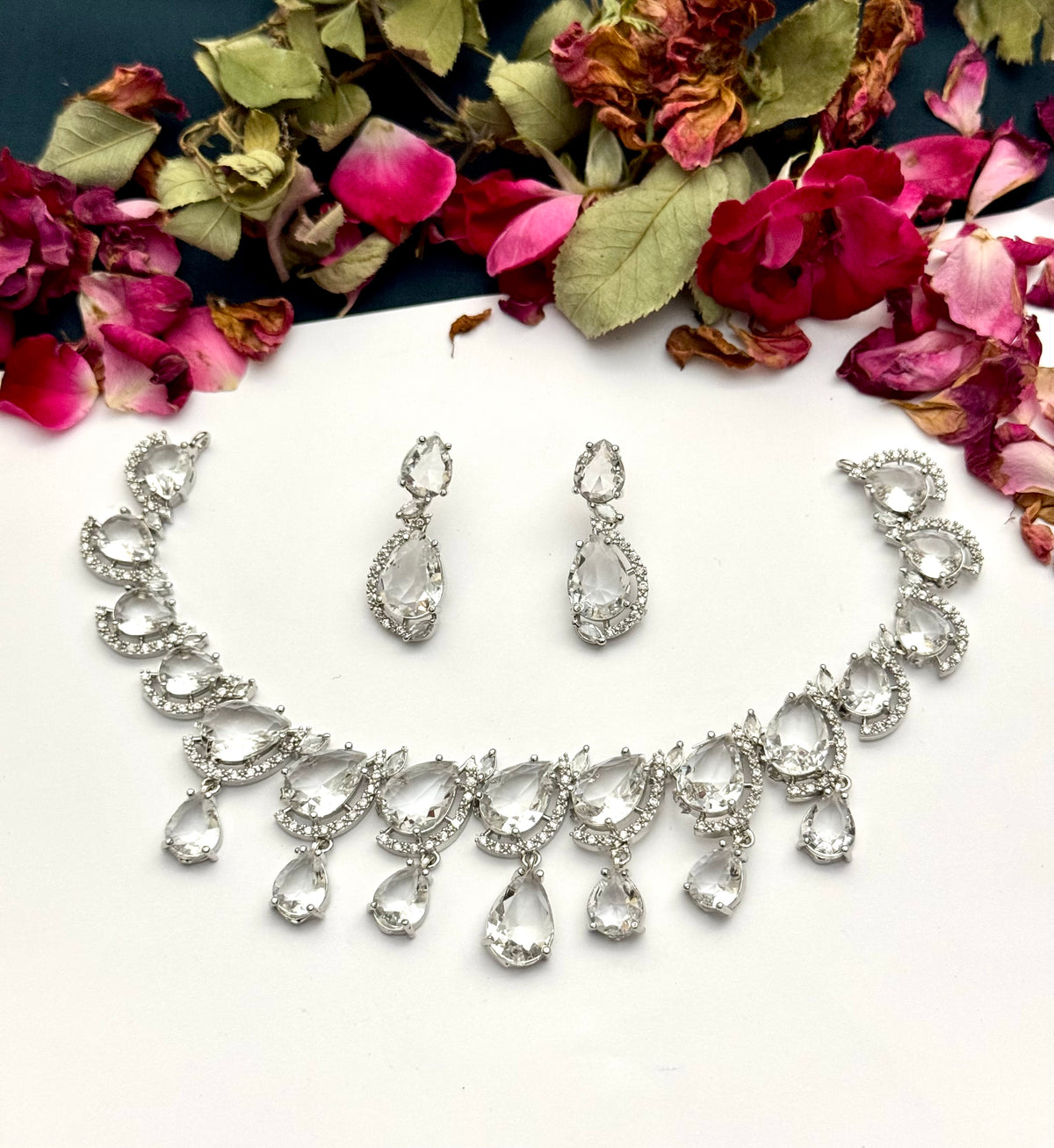Exquisite Silver American Diamond Necklace Set with Matching Earrings | Bridal & Party Wear Jewelry