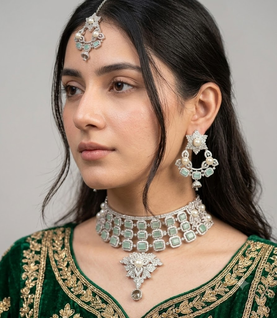 Exquisite Silver American Diamond Necklace Set with Matching Earrings | Bridal & Party Wear Jewelry