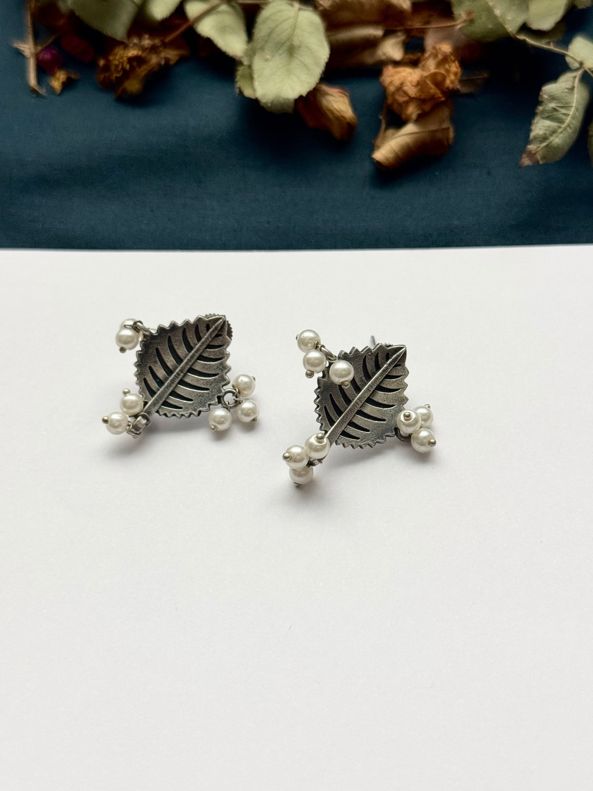 Premium Oxidised Brass made Leaf tops with pearls