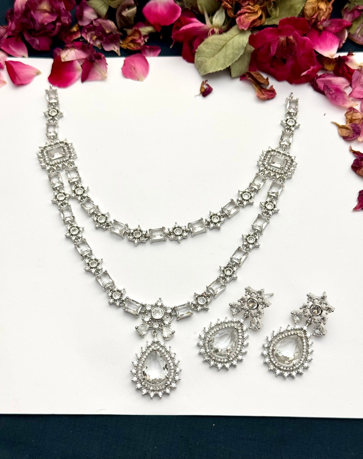 Exquisite Silver American Diamond Double Layer Necklace Set with Matching Earrings | Bridal & Party Wear Jewelry