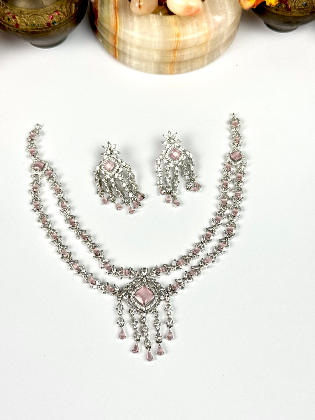 Exquisite Silver American Diamond Double Layer Necklace Set with Matching Earrings | Bridal & Party Wear Jewelry