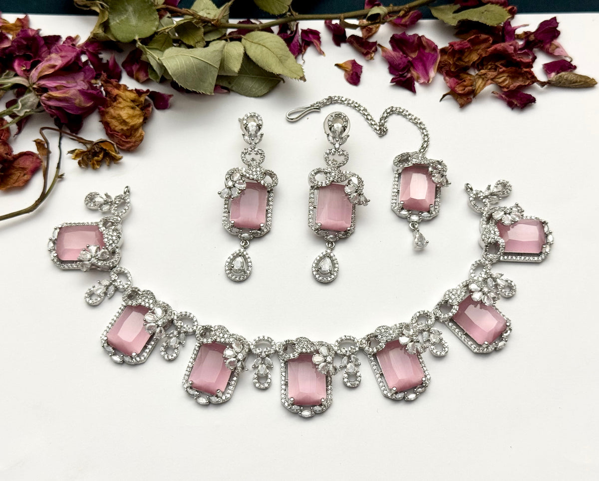 Exquisite Silver American Diamond Necklace Set with Matching Earrings | Bridal & Party Wear Jewelry