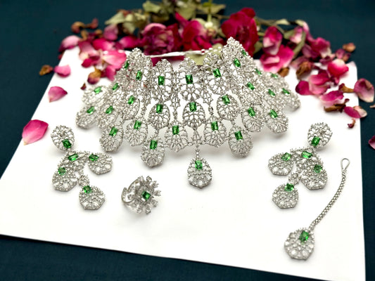 Exquisite Silver American Diamond Choker / Necklace Set with Matching Earrings | Bridal & Party Wear Jewelry