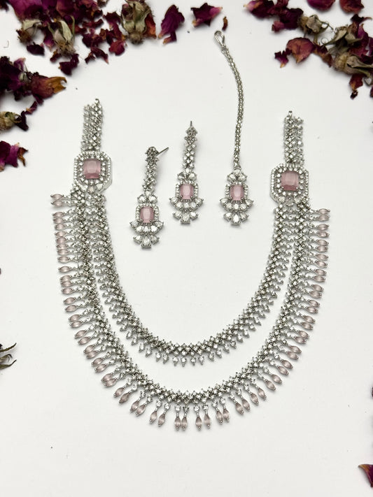 Exquisite Silver American Diamond Double Layer Necklace Set with Matching Earrings | Bridal & Party Wear Jewelry