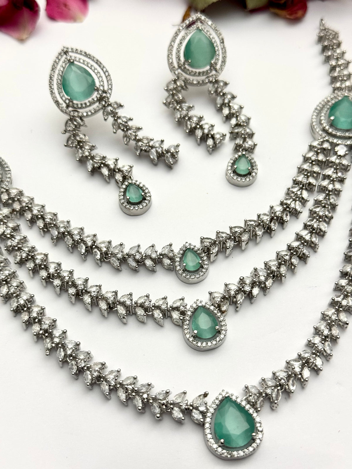 Exquisite Silver American Diamond Triple Layer Necklace Set with Matching Earrings | Bridal & Party Wear Jewelry