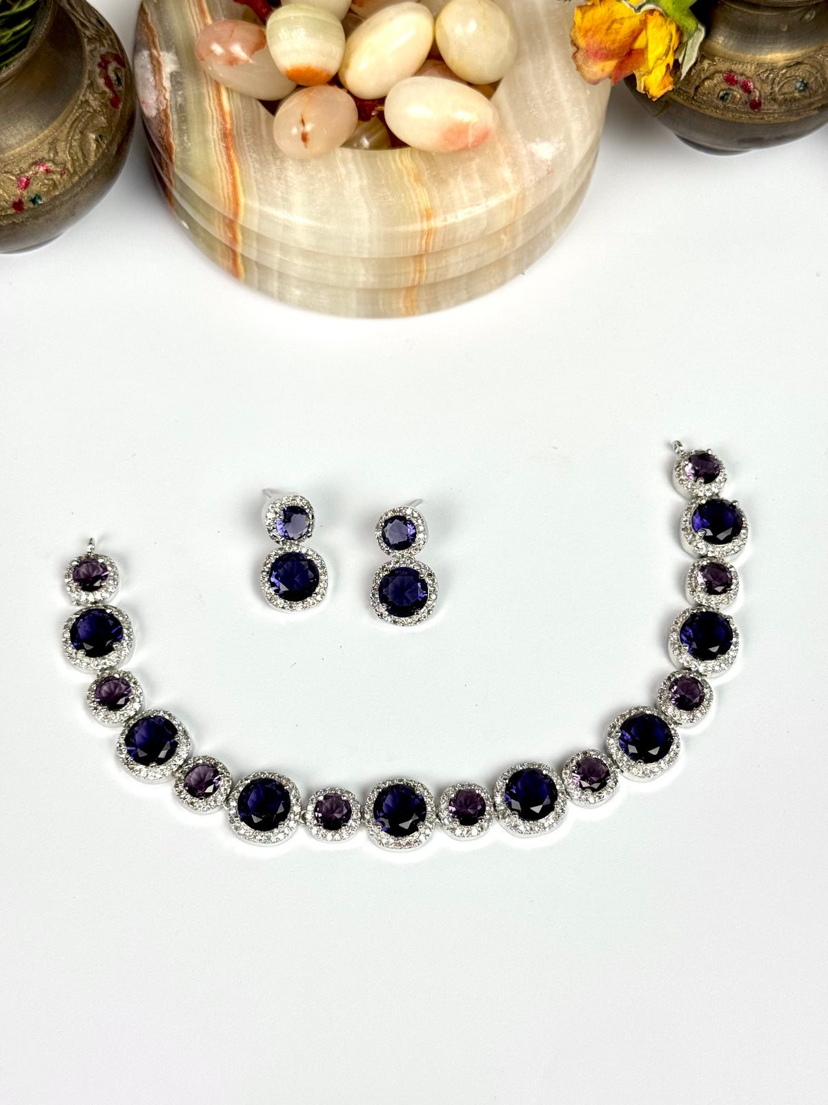 Exquisite Silver American Diamond Necklace Set with Matching Earrings | Bridal & Party Wear Jewelry