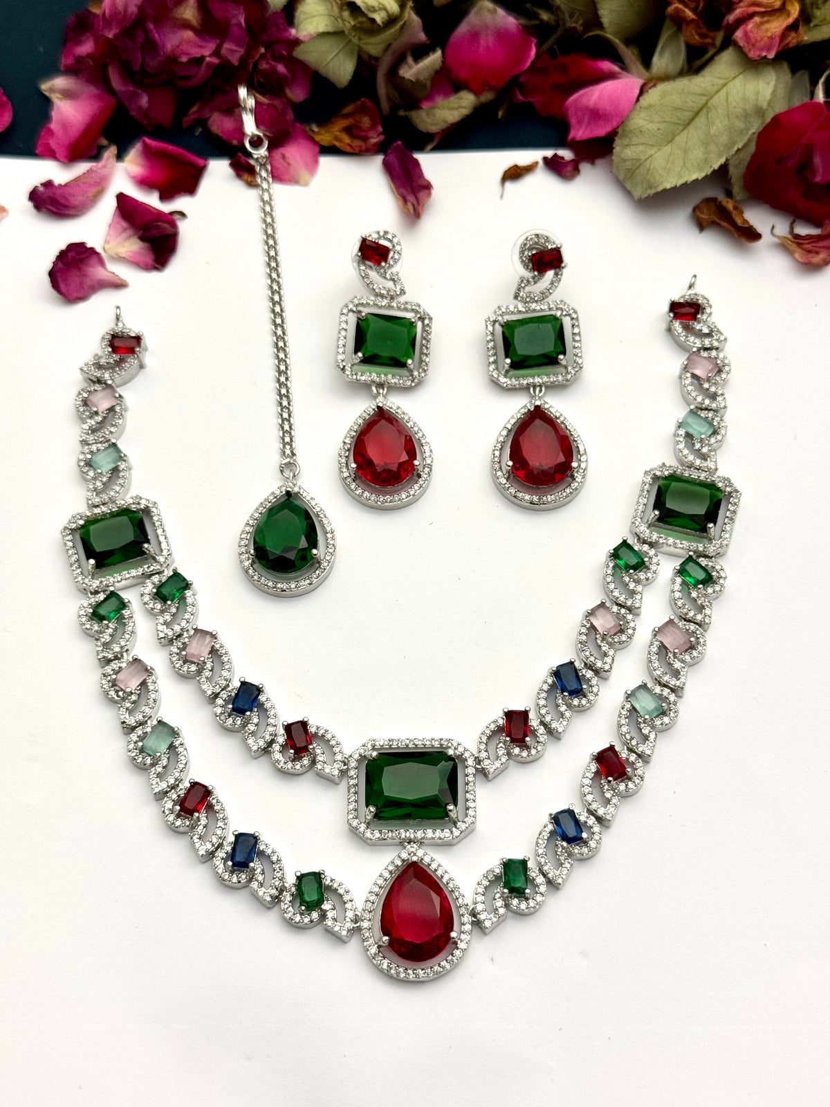 Exquisite Silver American Diamond Multi Double Layer Necklace Set with Matching Earrings | Bridal & Party Wear Jewelry