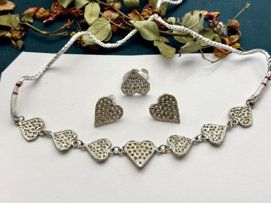 Boho Tribal Statement Heart Choker set  | Antique Finish Ethnic Set for Women