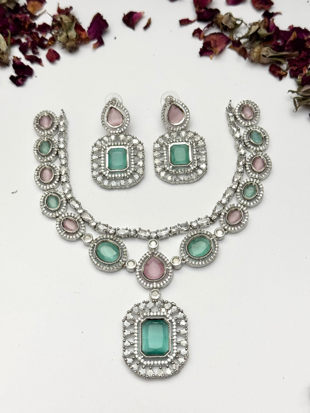 Exquisite Silver American Diamond Necklace Set with Matching Earrings | Bridal & Party Wear Jewelry