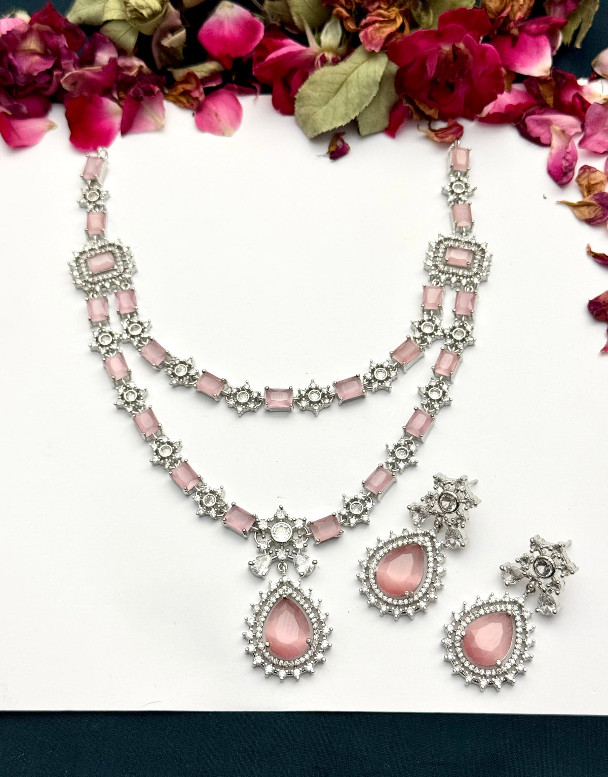 Exquisite Silver American Diamond Double Layer Necklace Set with Matching Earrings | Bridal & Party Wear Jewelry