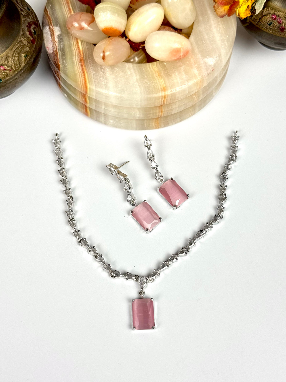 Exquisite Silver American Diamond Necklace Set with Matching Earrings | Bridal & Party Wear Jewelry