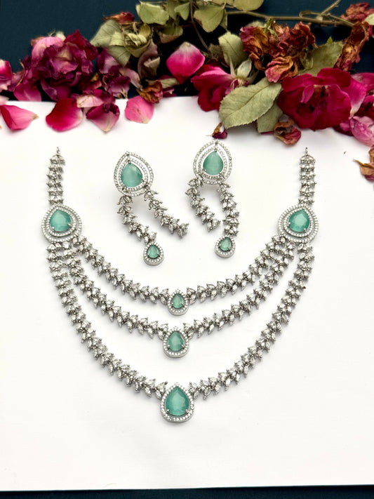Exquisite Silver American Diamond Triple Layer Necklace Set with Matching Earrings | Bridal & Party Wear Jewelry