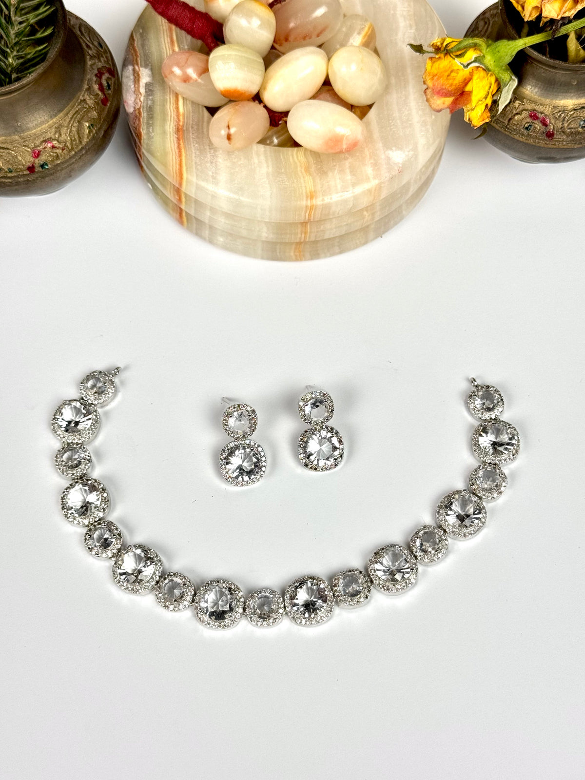 Exquisite Silver American Diamond Necklace Set with Matching Earrings | Bridal & Party Wear Jewelry