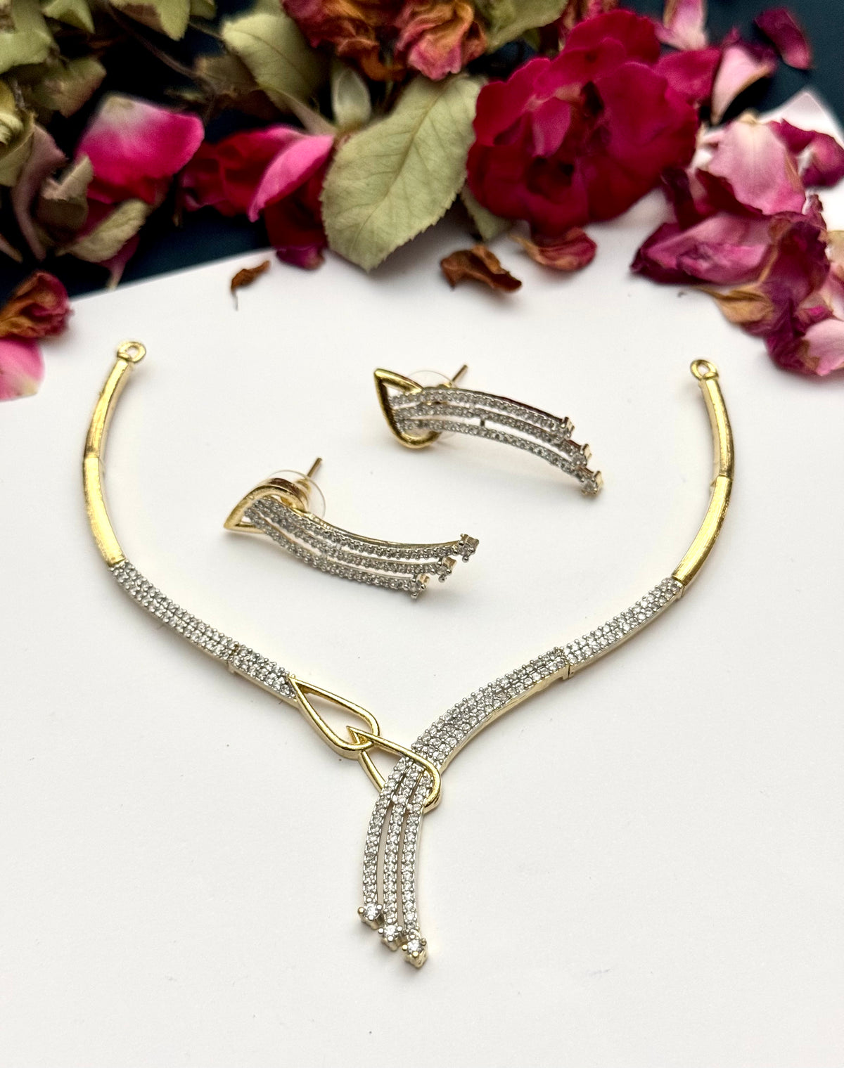 Dual Tone American Diamond Necklace Set | Party Wear Jewelry Online