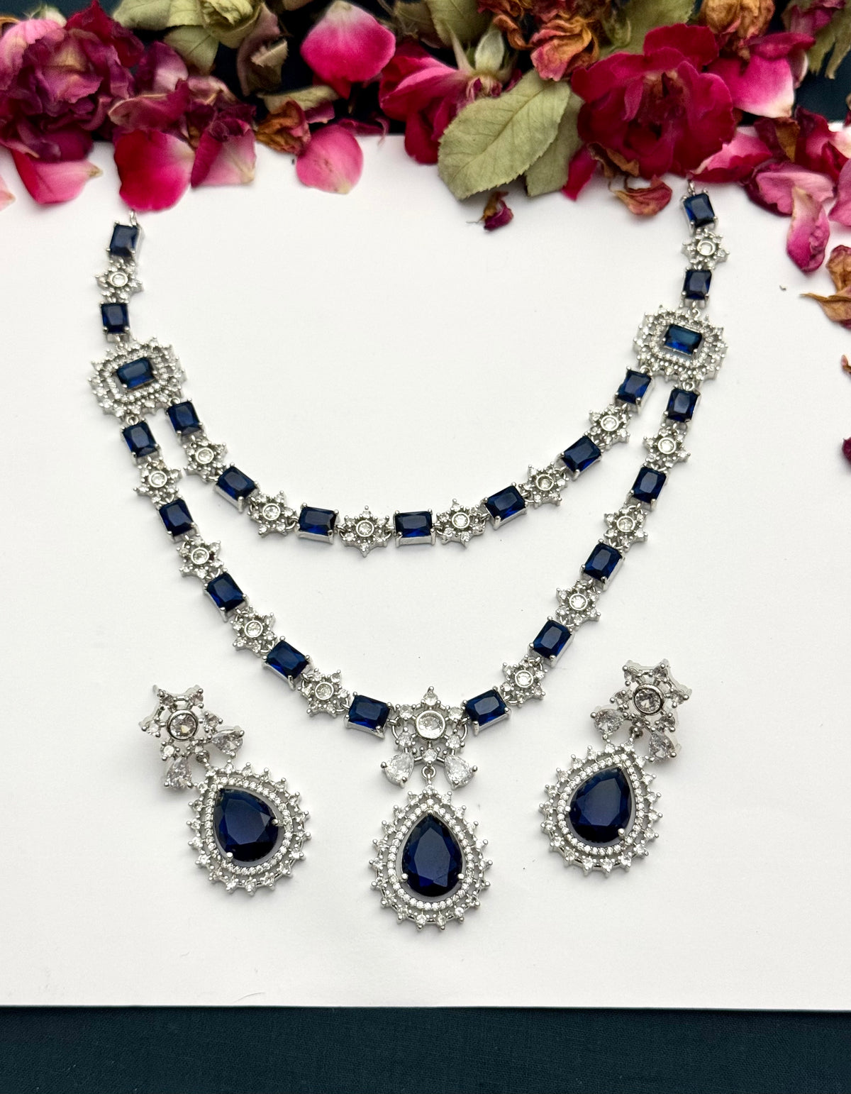 Exquisite Silver American Diamond Double Layer Necklace Set with Matching Earrings | Bridal & Party Wear Jewelry