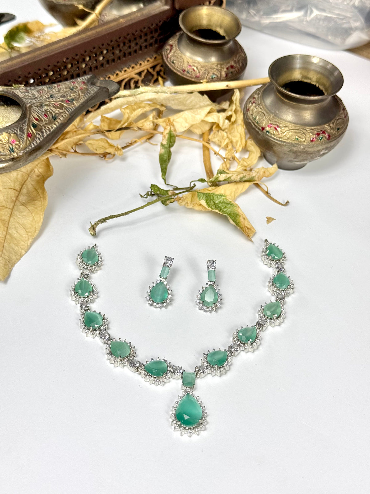 Exquisite Silver American Diamond Mint Necklace Set with Matching Earrings | Bridal & Party Wear Jewelry