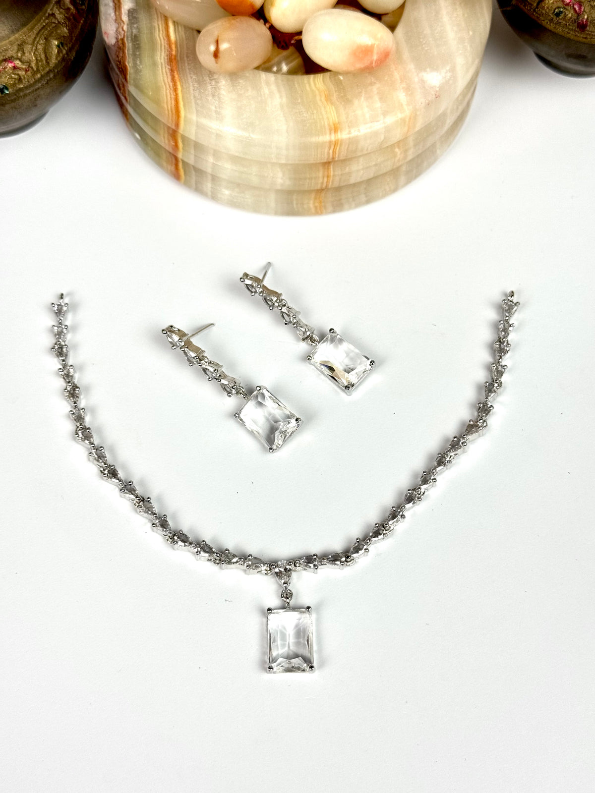 Exquisite Silver American Diamond Necklace Set with Matching Earrings | Bridal & Party Wear Jewelry