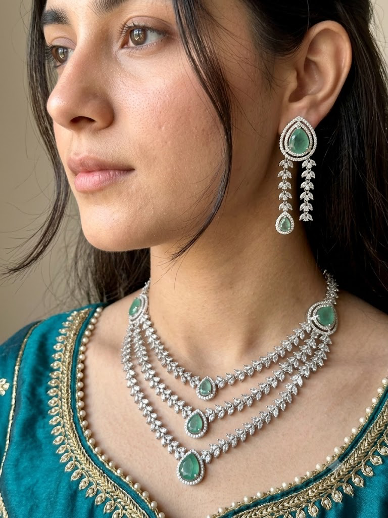 Exquisite Silver American Diamond Triple Layer Necklace Set with Matching Earrings | Bridal & Party Wear Jewelry