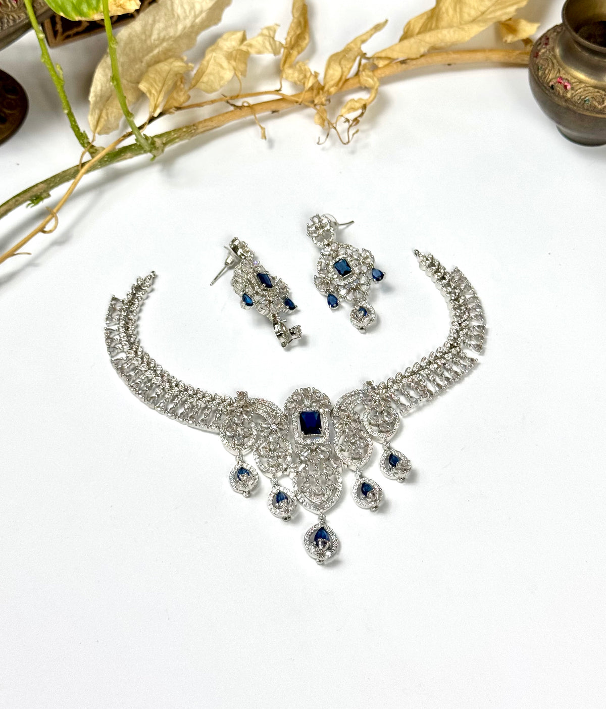 Exquisite Silver American Diamond Hania Necklace Set with Matching Earrings | Bridal & Party Wear Jewelry