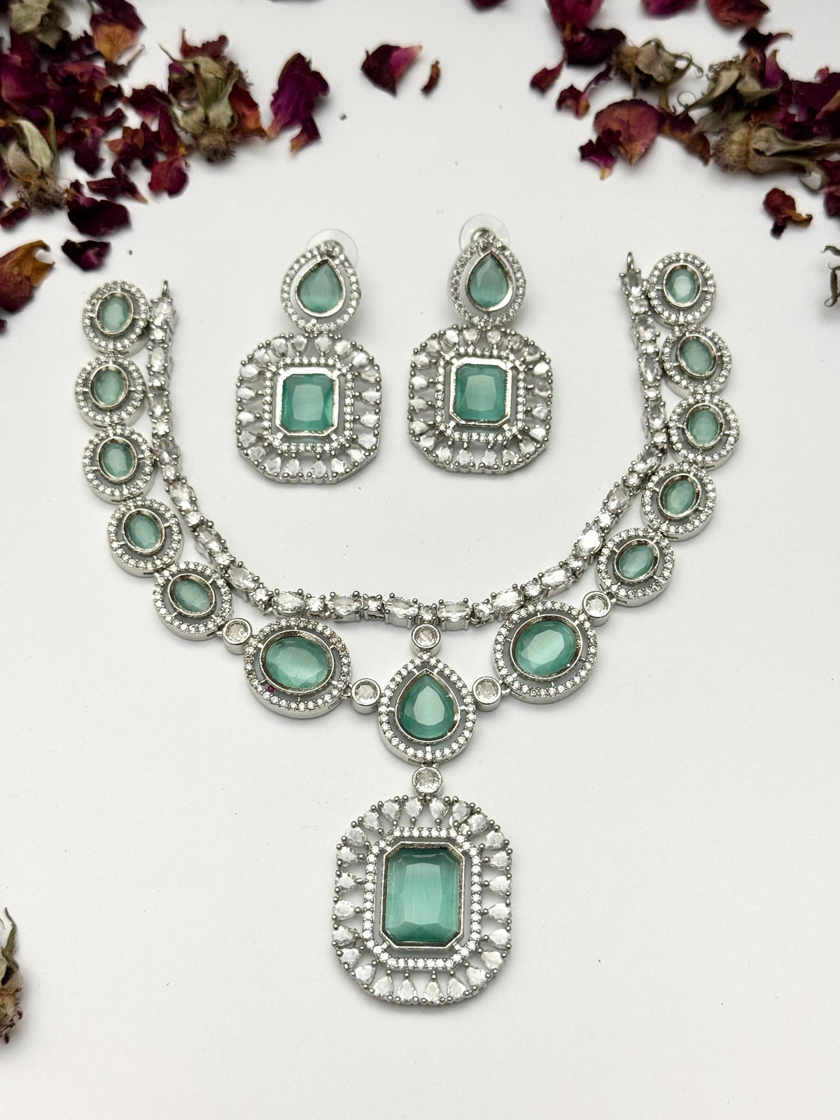 Exquisite Silver American Diamond Necklace Set with Matching Earrings | Bridal & Party Wear Jewelry
