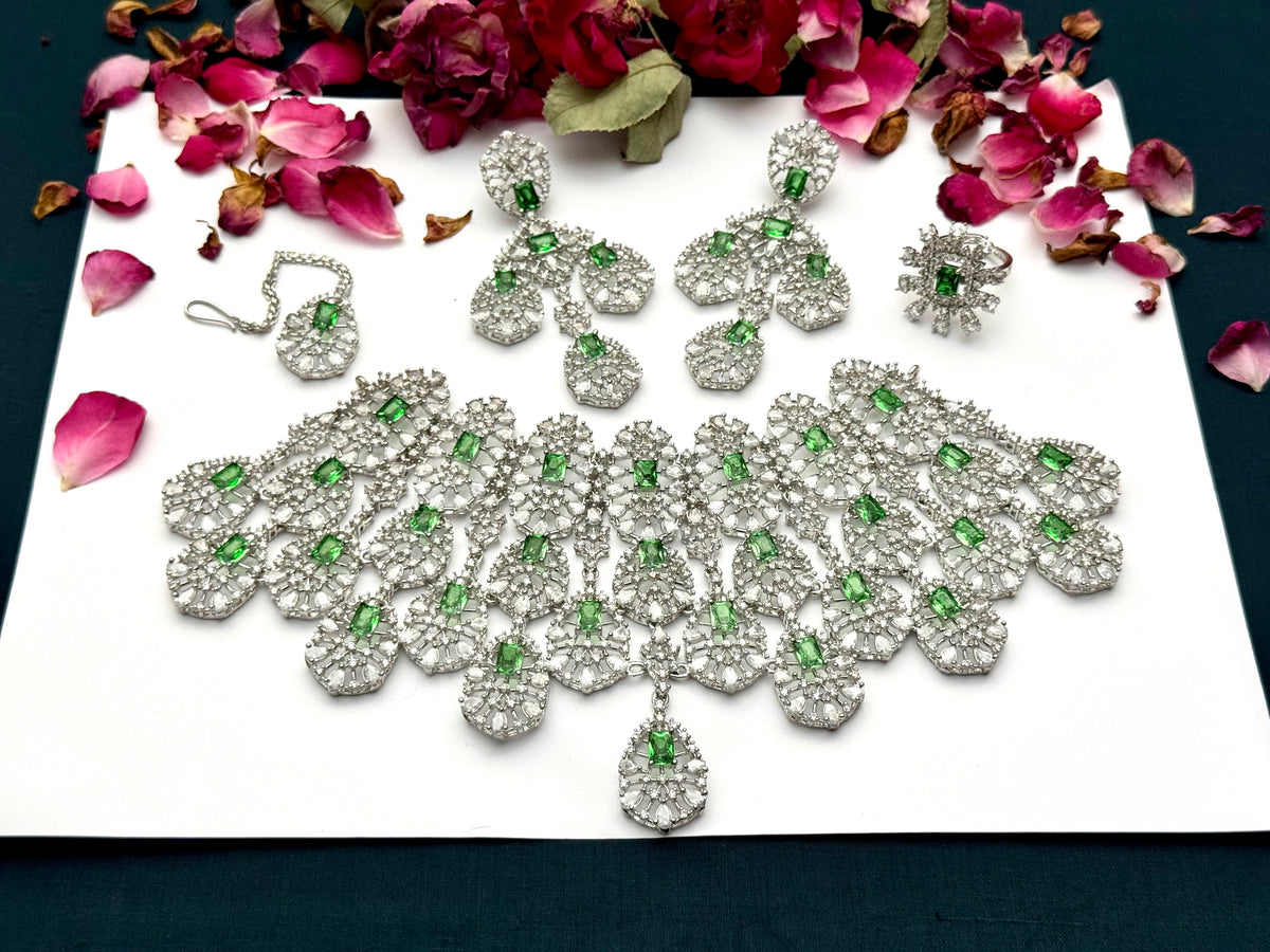 Exquisite Silver American Diamond Choker / Necklace Set with Matching Earrings | Bridal & Party Wear Jewelry