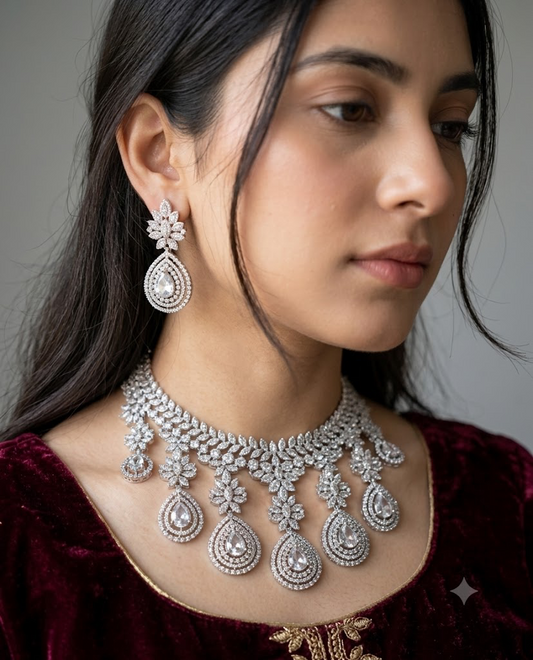 Exquisite Silver American Diamond Aiza Necklace Set with Matching Earrings | Bridal & Party Wear Jewelry