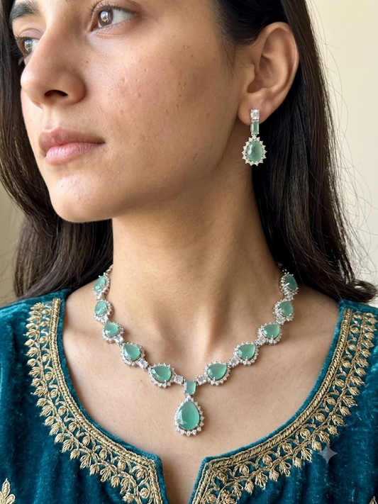 Exquisite Silver American Diamond Mint Necklace Set with Matching Earrings | Bridal & Party Wear Jewelry