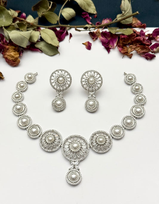 Exquisite Silver American Diamond Pearl Necklace Set with Matching Earrings | Bridal & Party Wear Jewelry