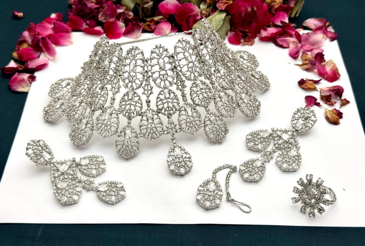 Exquisite Silver American Diamond Choker / Necklace Set with Matching Earrings | Bridal & Party Wear Jewelry