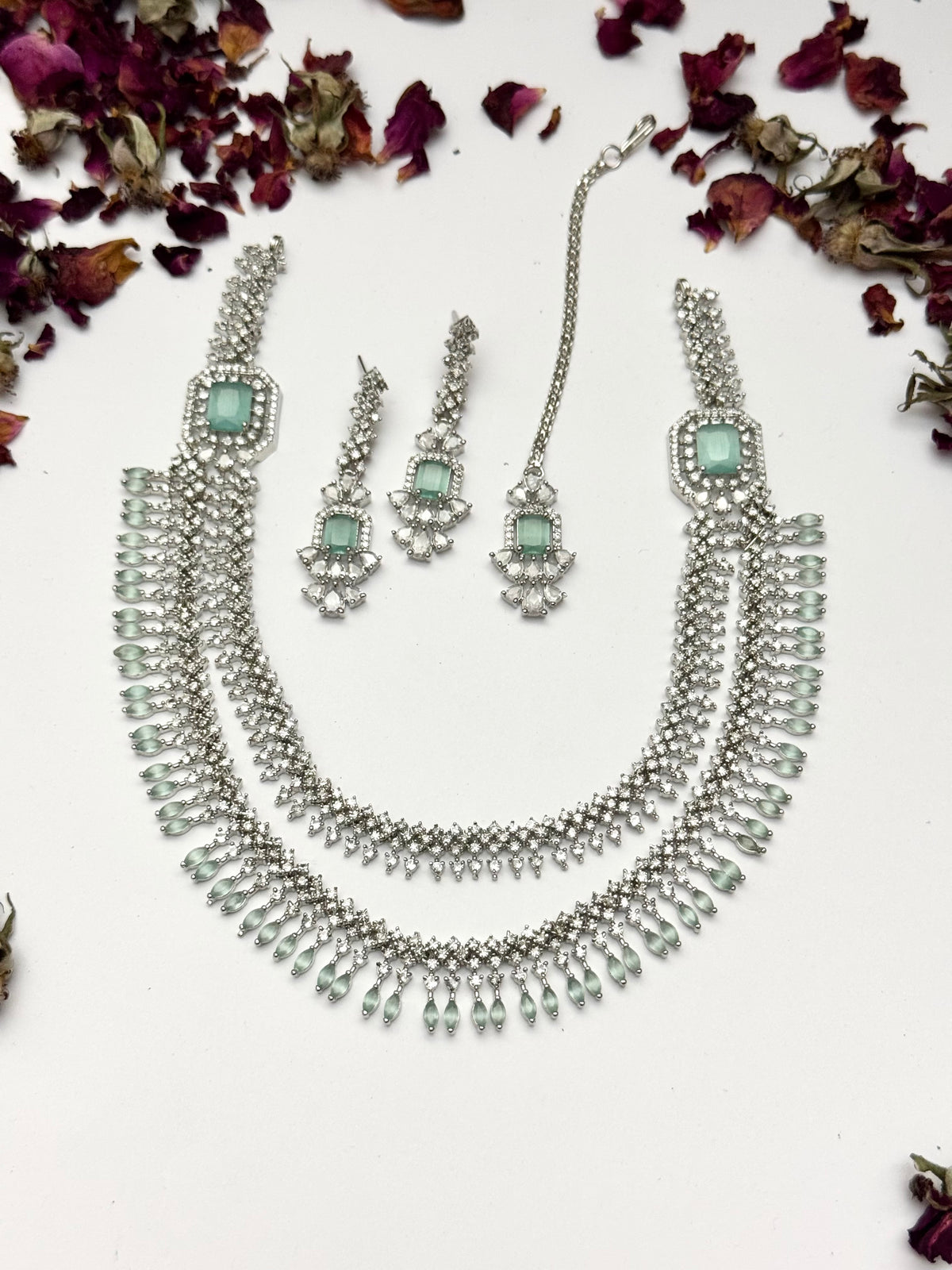 Exquisite Silver American Diamond Double Layer Necklace Set with Matching Earrings | Bridal & Party Wear Jewelry