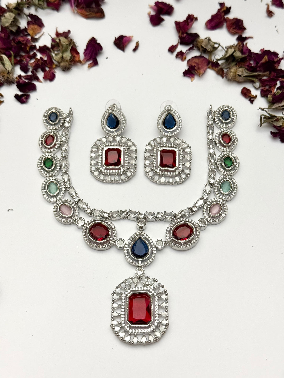 Exquisite Silver American Diamond Necklace Set with Matching Earrings | Bridal & Party Wear Jewelry