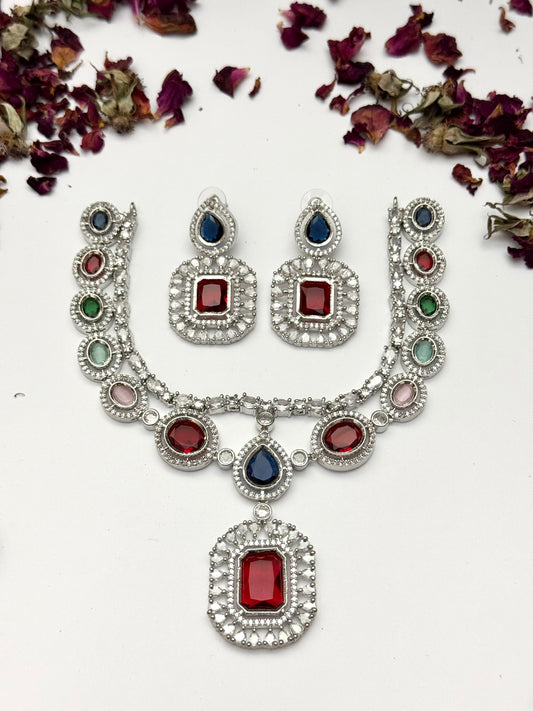 Exquisite Silver American Diamond Necklace Set with Matching Earrings | Bridal & Party Wear Jewelry