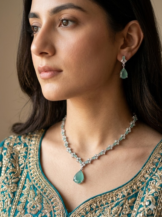 Exquisite Silver American Diamond Drop Necklace Set with Matching Earrings | Bridal & Party Wear Jewelry